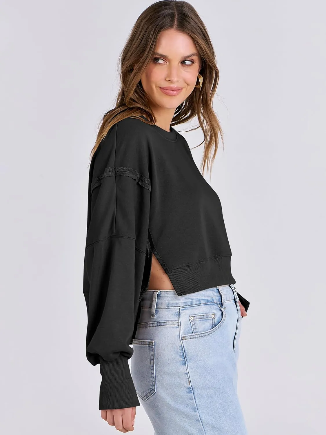 ANRABESS Womens Cropped Sweatshirts Oversized Crewneck Long Sleeve Tops 2025 Fall Winter Loose Pullover Teen Girls Clothes