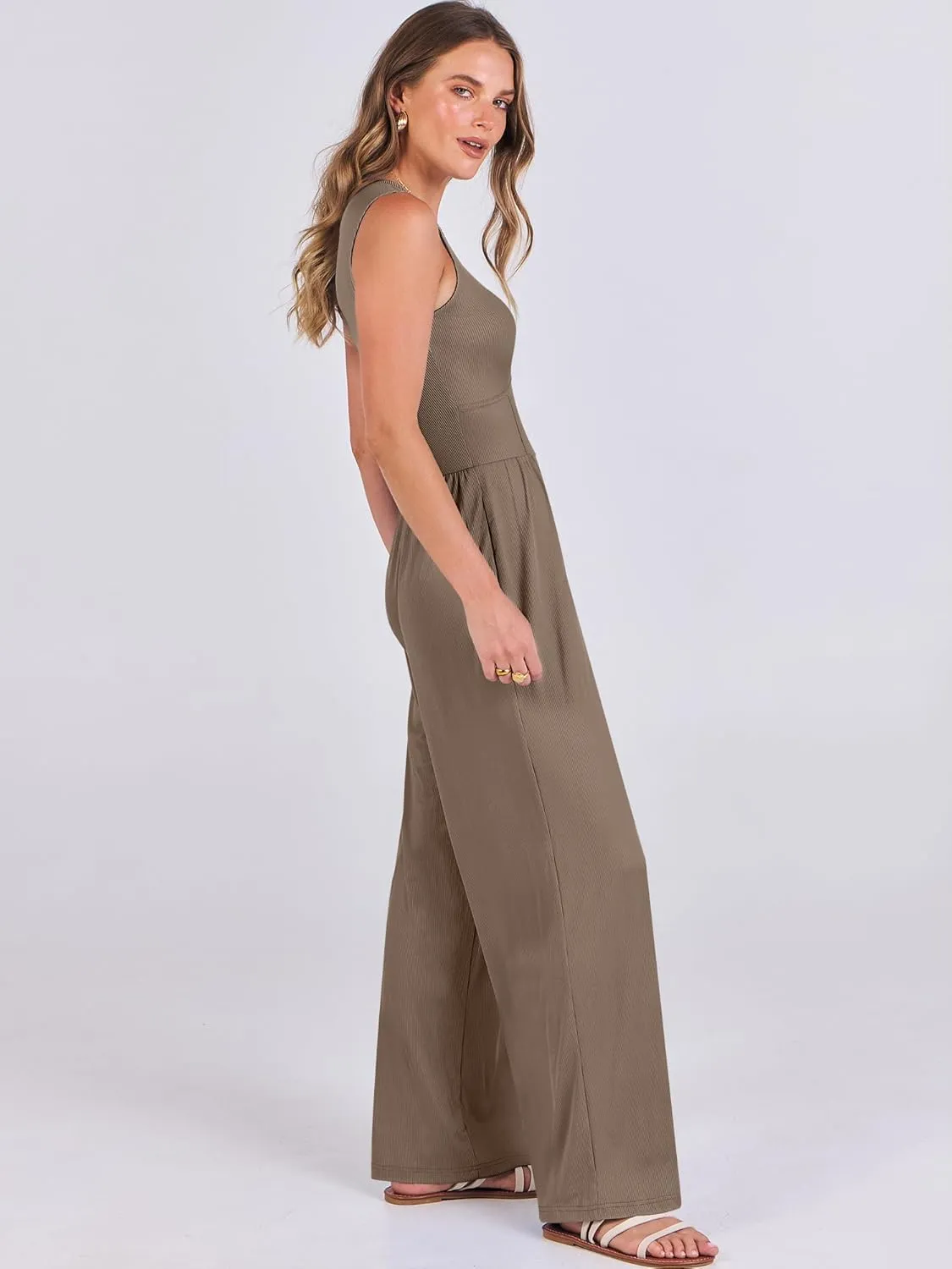 ANRABESS Womens Jumpsuits Dressy Summer Casual One Piece Outfits High Neck Tank Top Wide Leg Pants Rompers Jumper Pockets