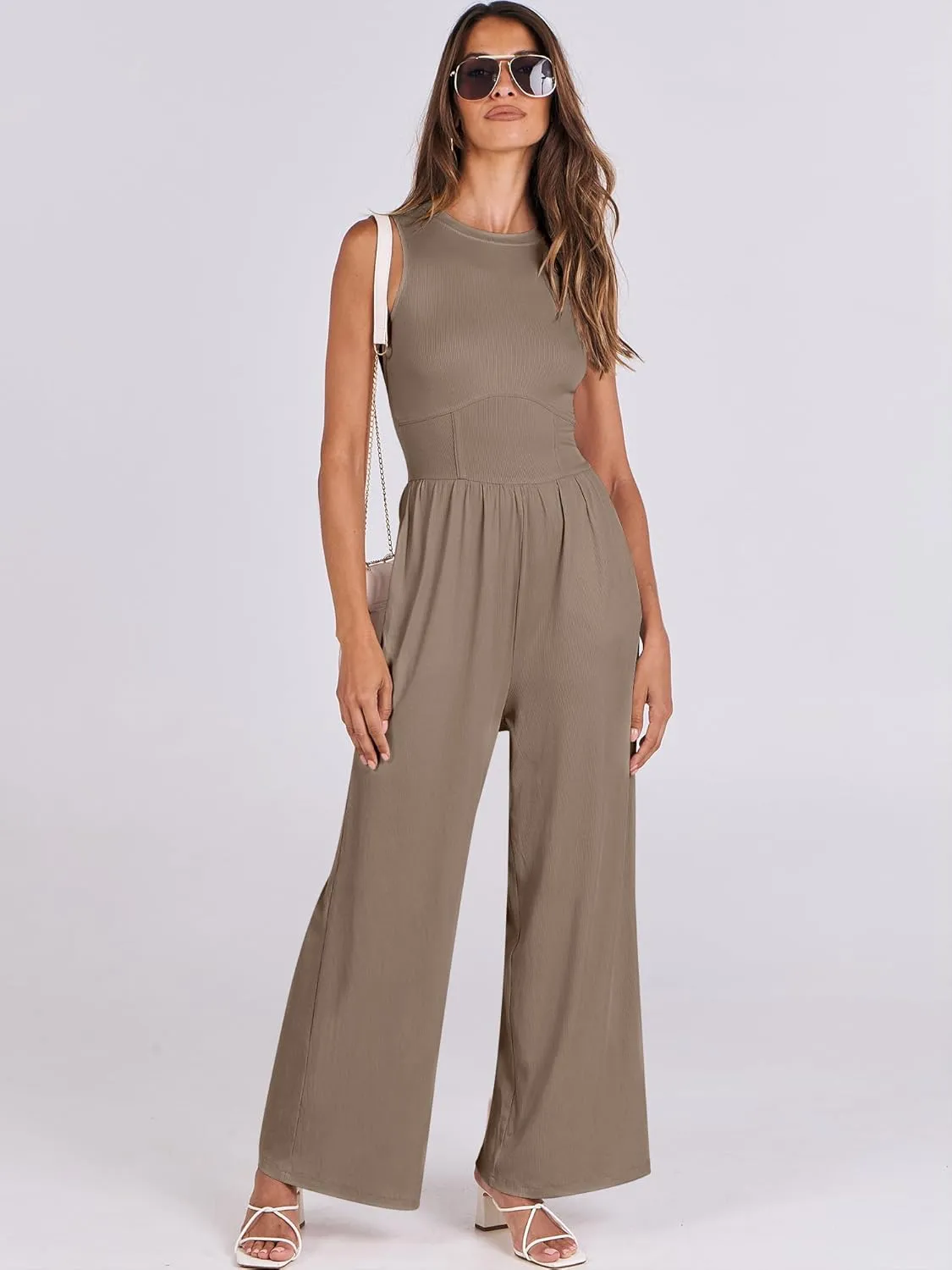 ANRABESS Womens Jumpsuits Dressy Summer Casual One Piece Outfits High Neck Tank Top Wide Leg Pants Rompers Jumper Pockets