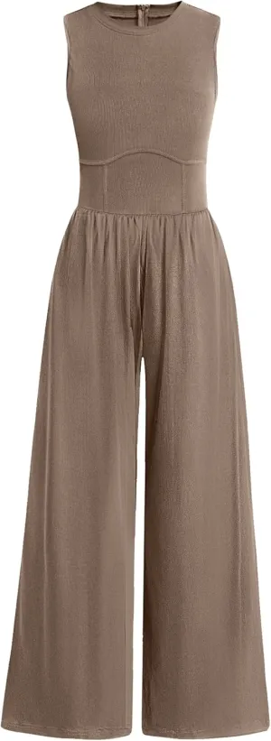 ANRABESS Womens Jumpsuits Dressy Summer Casual One Piece Outfits High Neck Tank Top Wide Leg Pants Rompers Jumper Pockets