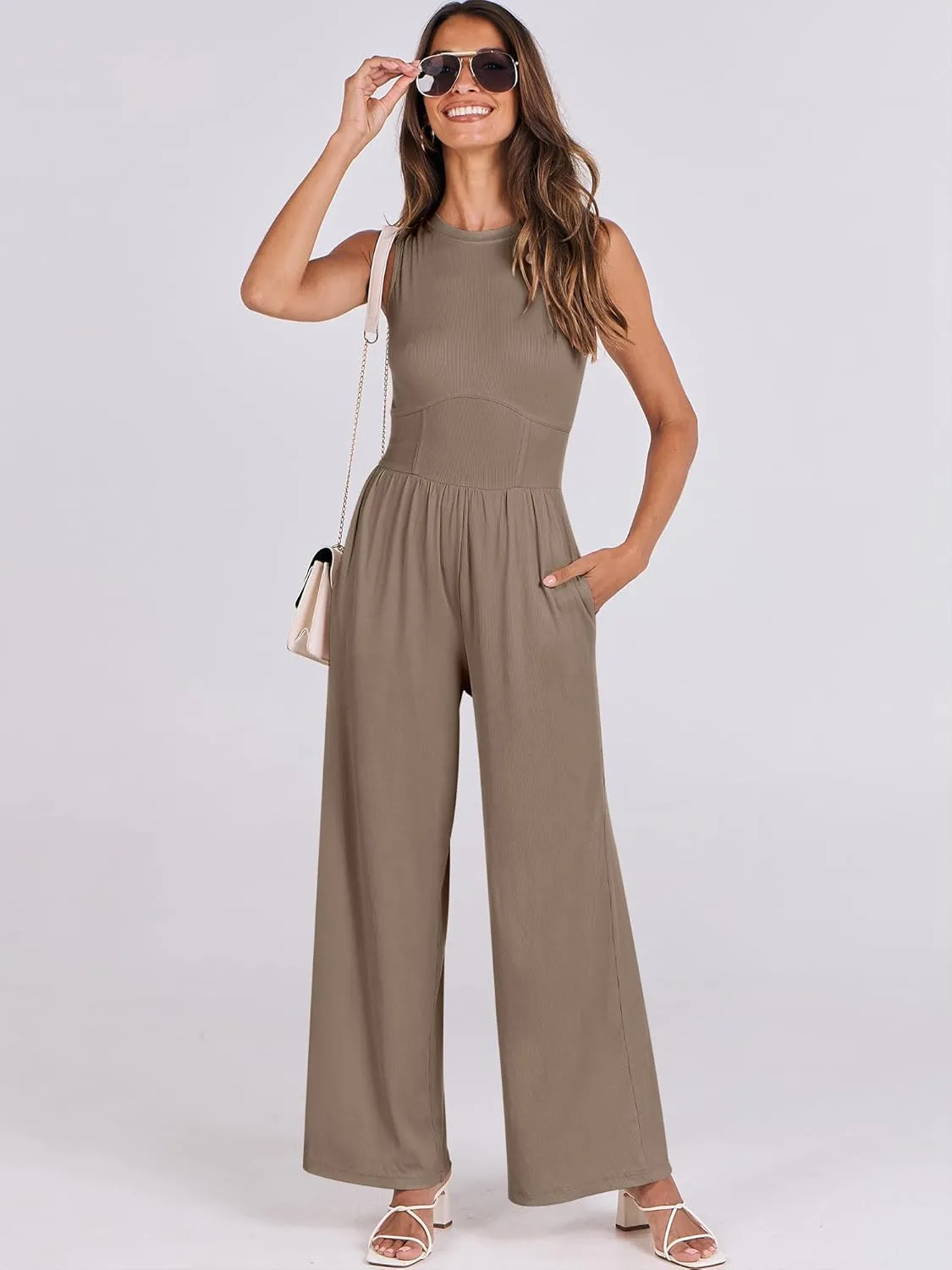ANRABESS Womens Jumpsuits Dressy Summer Casual One Piece Outfits High Neck Tank Top Wide Leg Pants Rompers Jumper Pockets
