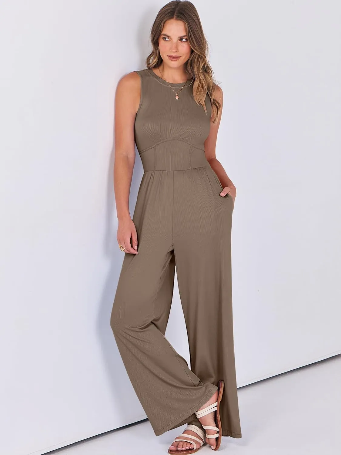 ANRABESS Womens Jumpsuits Dressy Summer Casual One Piece Outfits High Neck Tank Top Wide Leg Pants Rompers Jumper Pockets