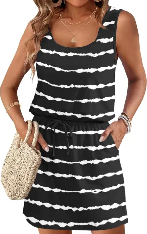 AUSELILY Summer Dresses for Women 2025 Casual Sleeveless Drawstring Waist Beach Cover up Mini Short Dresses with Pockets