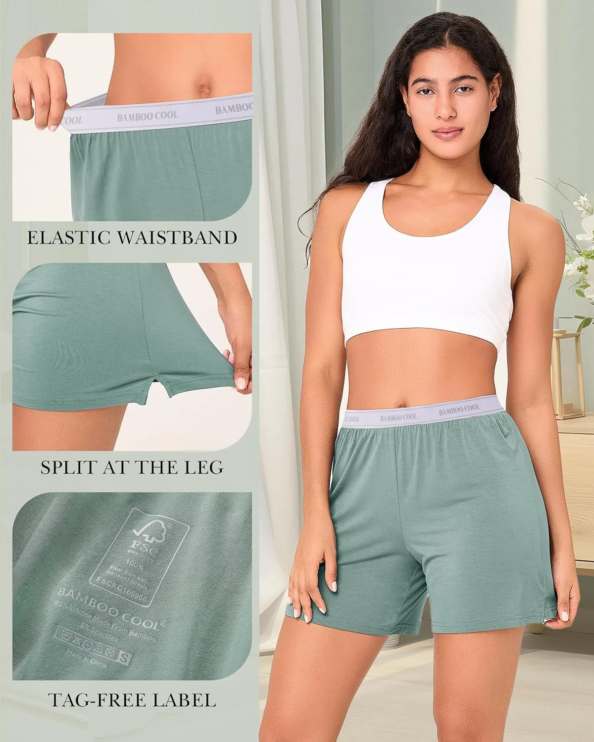 BAMBOO COOL Womens Pajama Shorts Elastic Waistband Pj Pants Leg Opening Lounge Sleep Shorts, 2 Pack