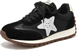 BEAU TODAY Platform Fashion Sneakers for Women, Womens Chunky Leather Sneakers, Comfortable Casual Retro Non-Slip Lace-up Walking Running Gym Shoes Black US 6