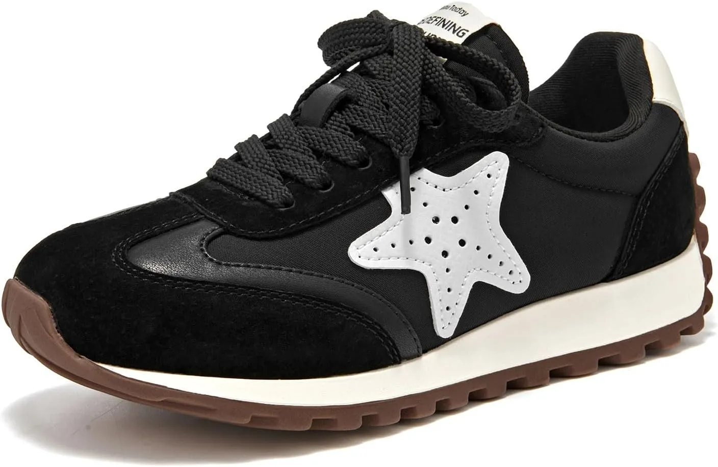 BEAU TODAY Platform Fashion Sneakers for Women, Womens Chunky Leather Sneakers, Comfortable Casual Retro Non-Slip Lace-up Walking Running Gym Shoes Black US 6