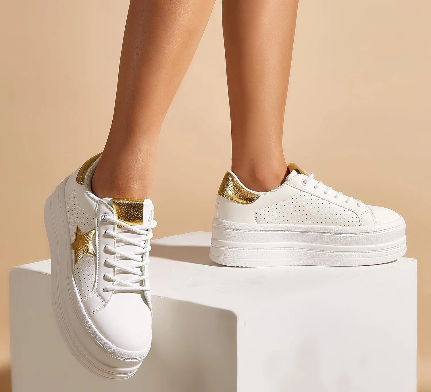 BELOS Fashion Platform Women Sneakers Faux Suede Stars Holographic Rainbow Walking Shoes