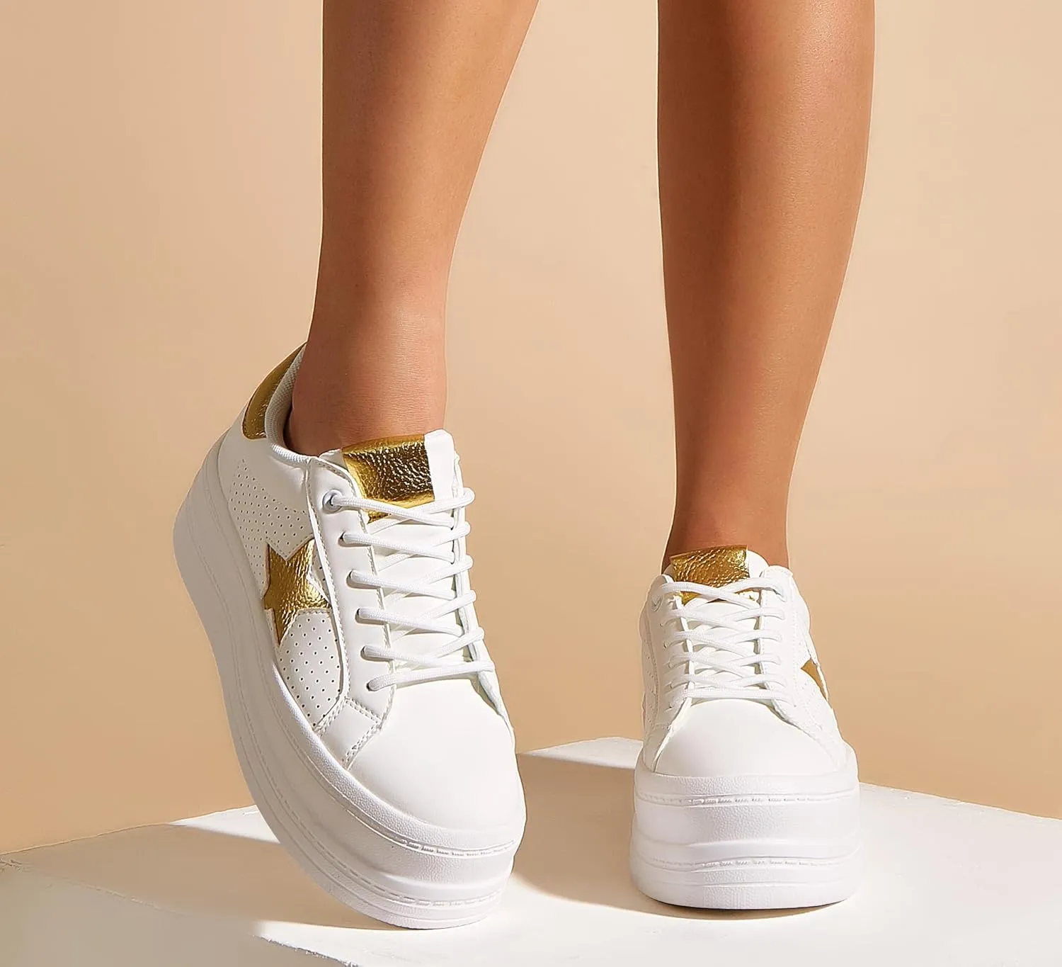 BELOS Fashion Platform Women Sneakers Faux Suede Stars Holographic Rainbow Walking Shoes
