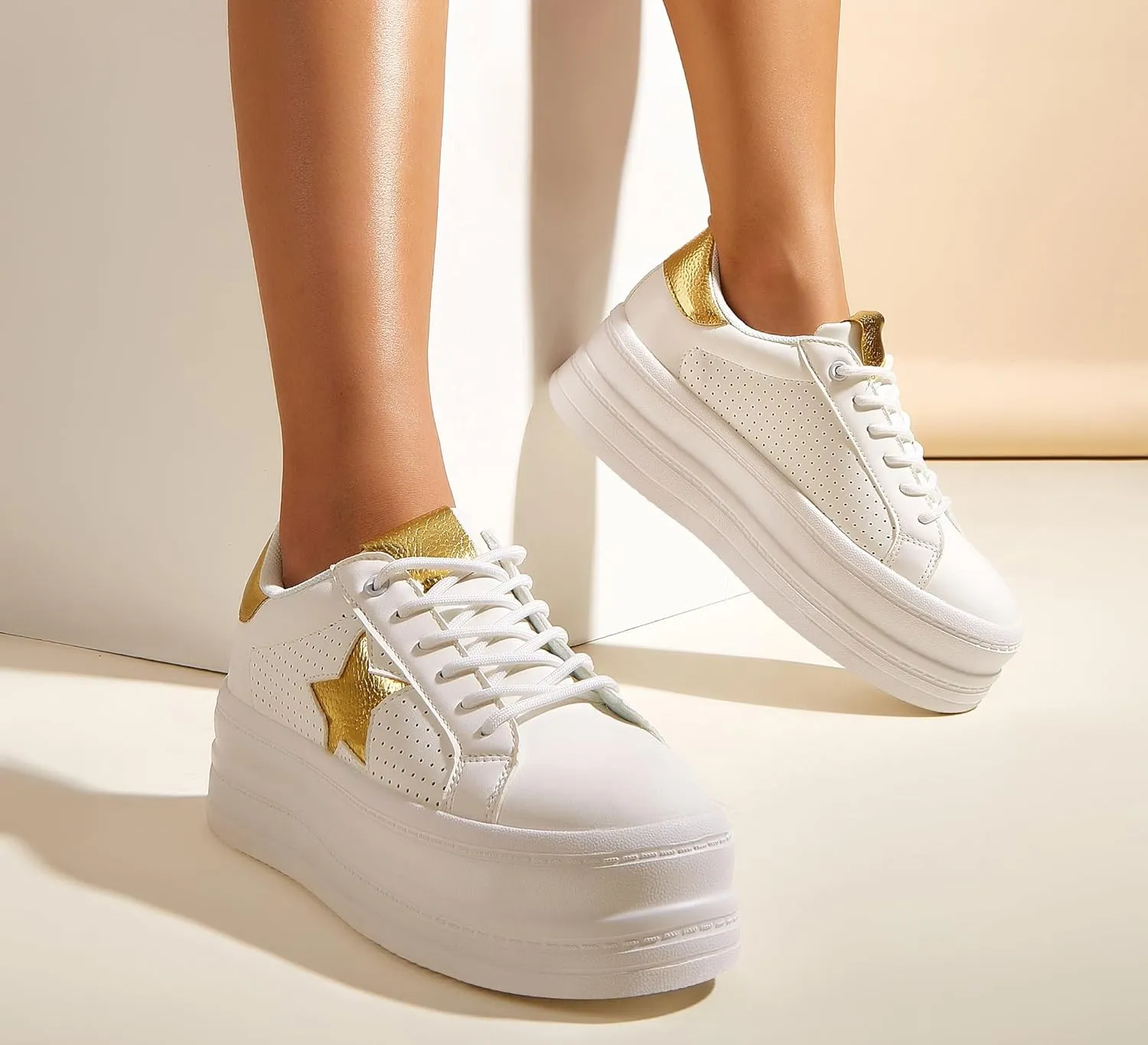 BELOS Fashion Platform Women Sneakers Faux Suede Stars Holographic Rainbow Walking Shoes