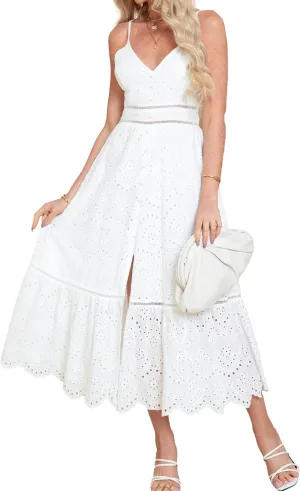 BerryGo Women's Embroidery Pearl Button Down Dress V Neck Spaghetti Strap Maxi Dress