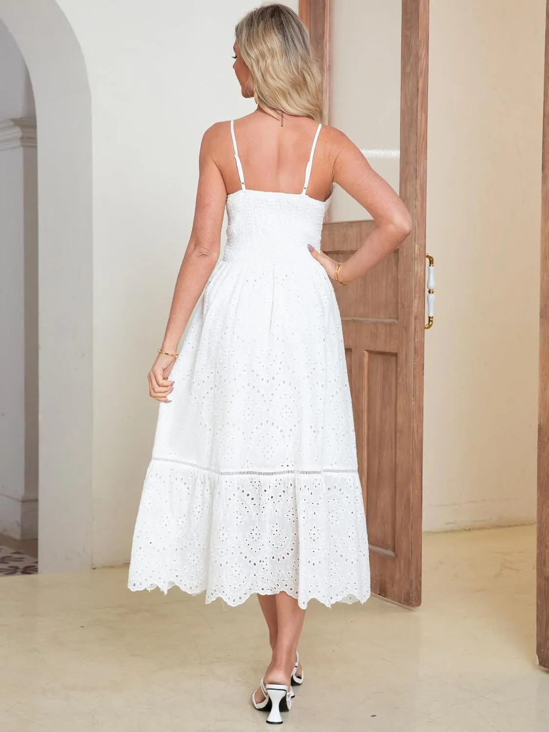 BerryGo Women's Embroidery Pearl Button Down Dress V Neck Spaghetti Strap Maxi Dress