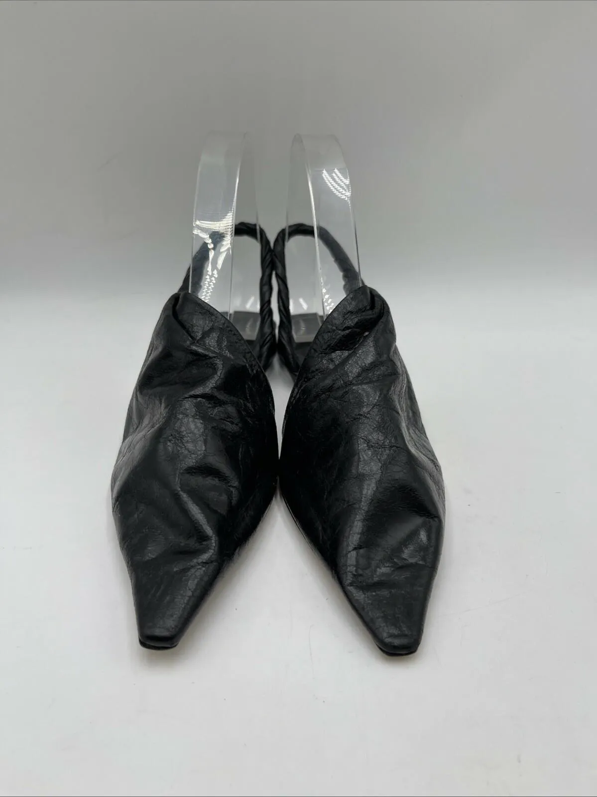 Bottega Veneta Women's Pointed Toe Twist Leather Slingback Flats Black Size 37 - Very Good