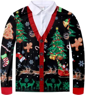 Boy's Christmas Sweater Print Novelty Long Sleeve Polo Shirt