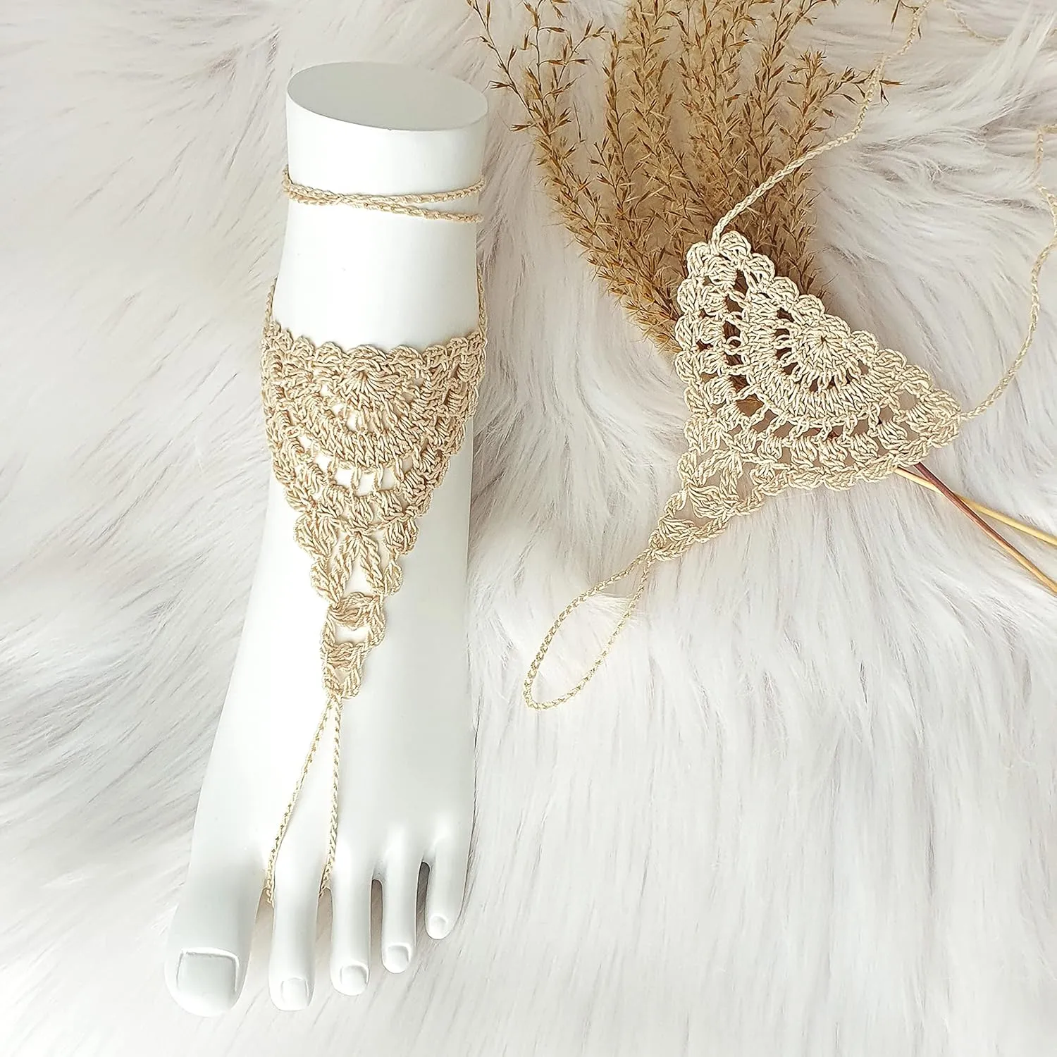 Bridal Barefoot Sandals Crochet Boho Shoes for Beach Wedding Lace Foot Jewelry for Women (Beige)