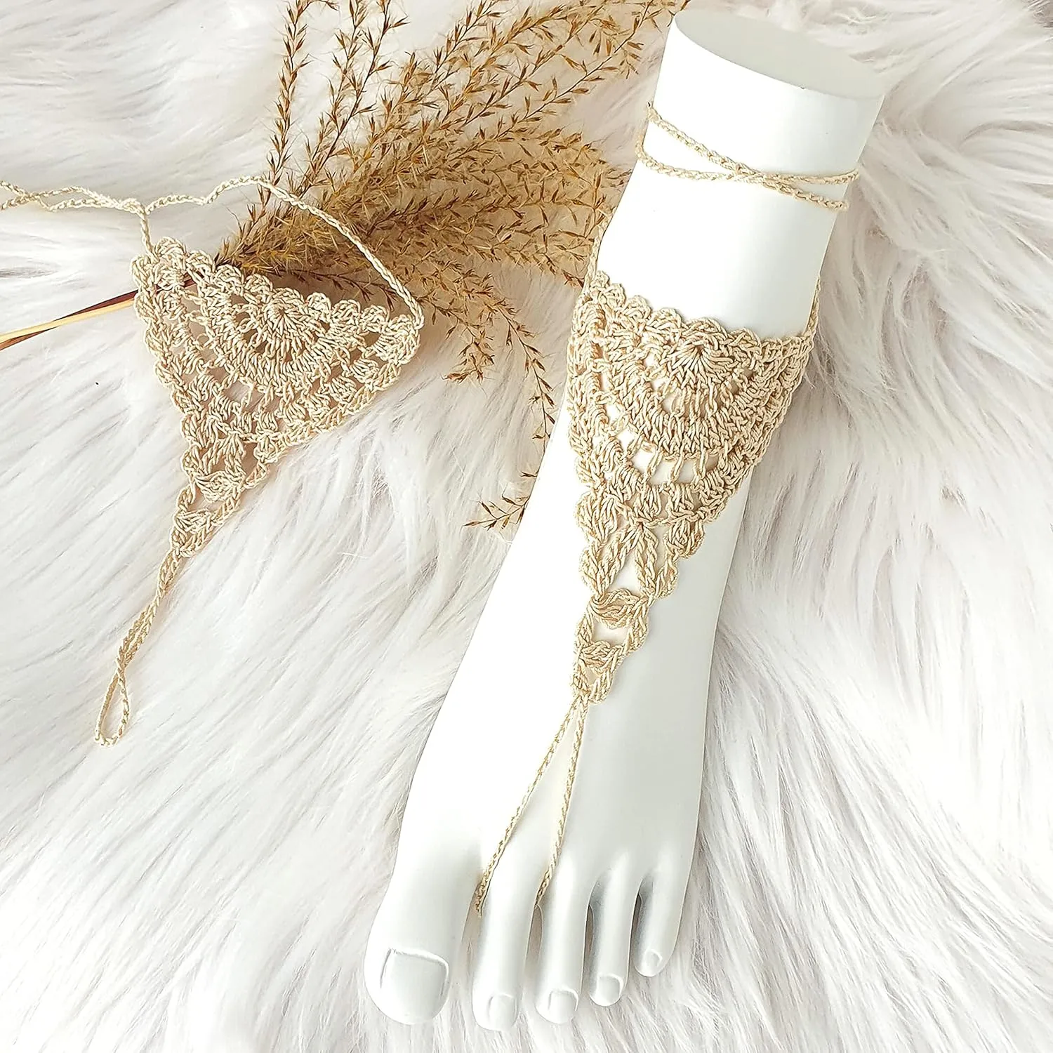 Bridal Barefoot Sandals Crochet Boho Shoes for Beach Wedding Lace Foot Jewelry for Women (Beige)