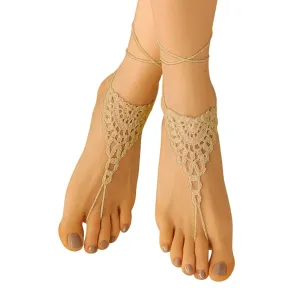 Bridal Barefoot Sandals Crochet Boho Shoes for Beach Wedding Lace Foot Jewelry for Women (Beige)