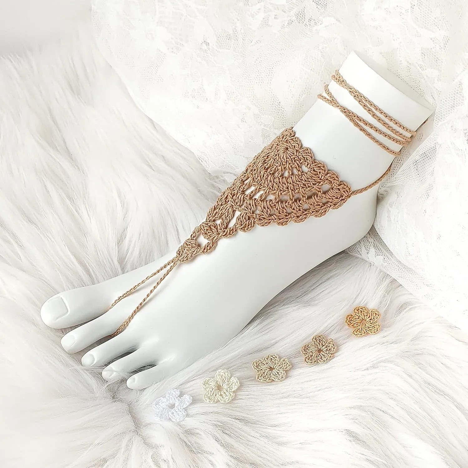 Bridal Barefoot Sandals Crochet Boho Shoes for Beach Wedding Lace Foot Jewelry for Women (Beige)