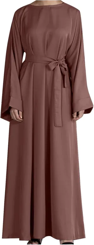 Casual Dresses for Women Plus Size Long Sleeve Tie Waist Pleated Maxi Dress Oversized Solid Crewneck Loose Dresses