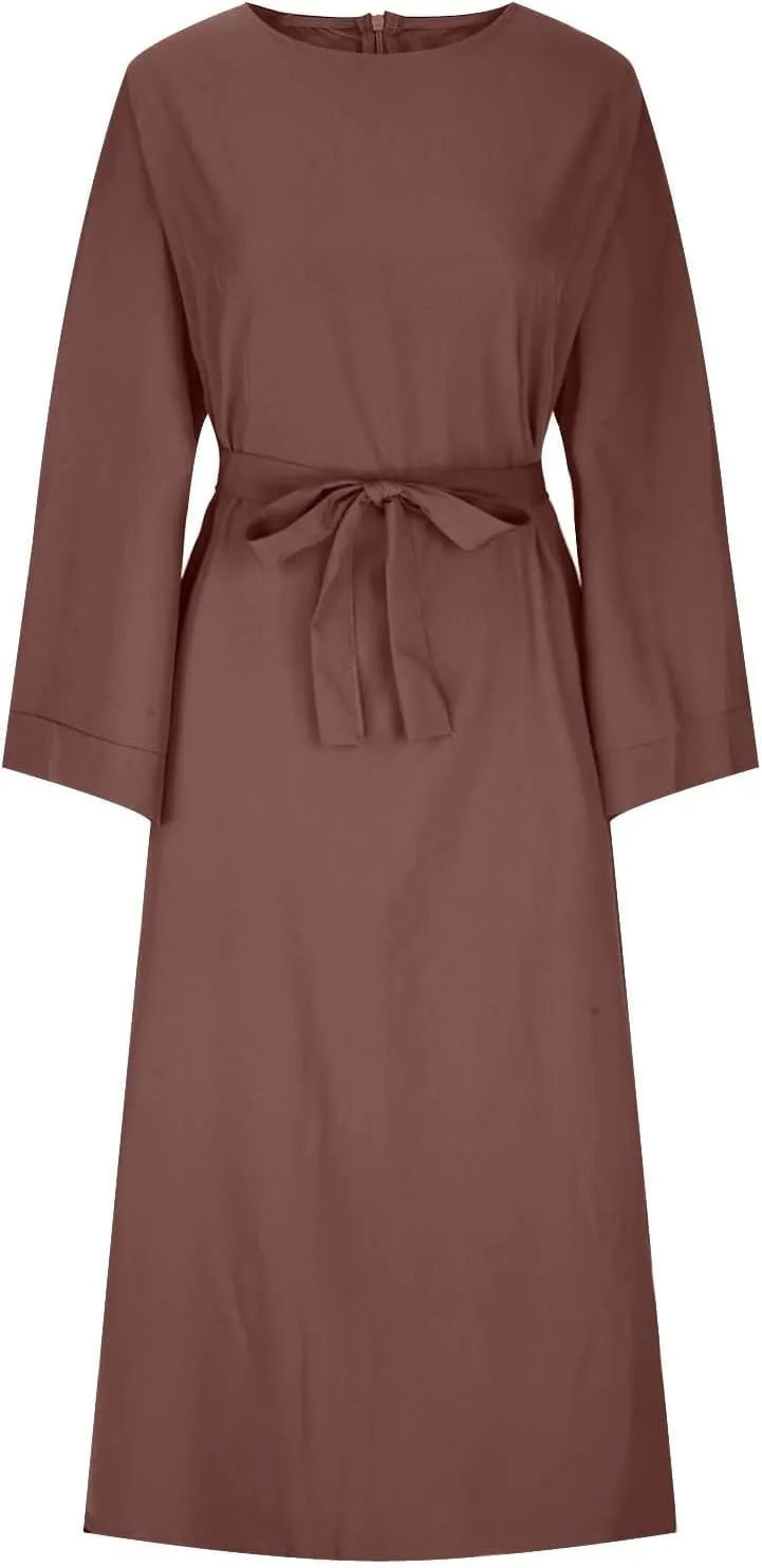 Casual Dresses for Women Plus Size Long Sleeve Tie Waist Pleated Maxi Dress Oversized Solid Crewneck Loose Dresses