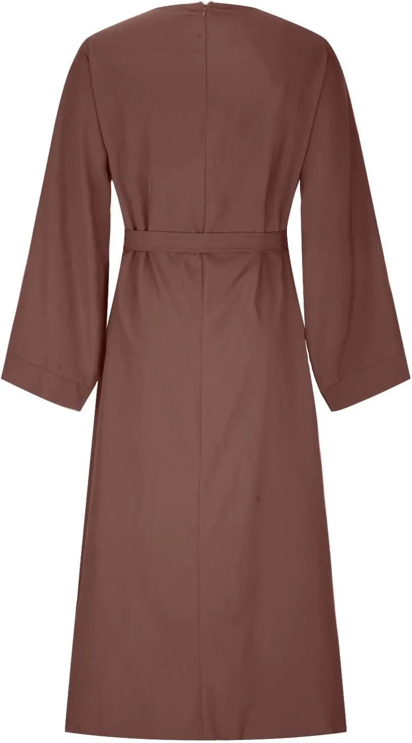 Casual Dresses for Women Plus Size Long Sleeve Tie Waist Pleated Maxi Dress Oversized Solid Crewneck Loose Dresses