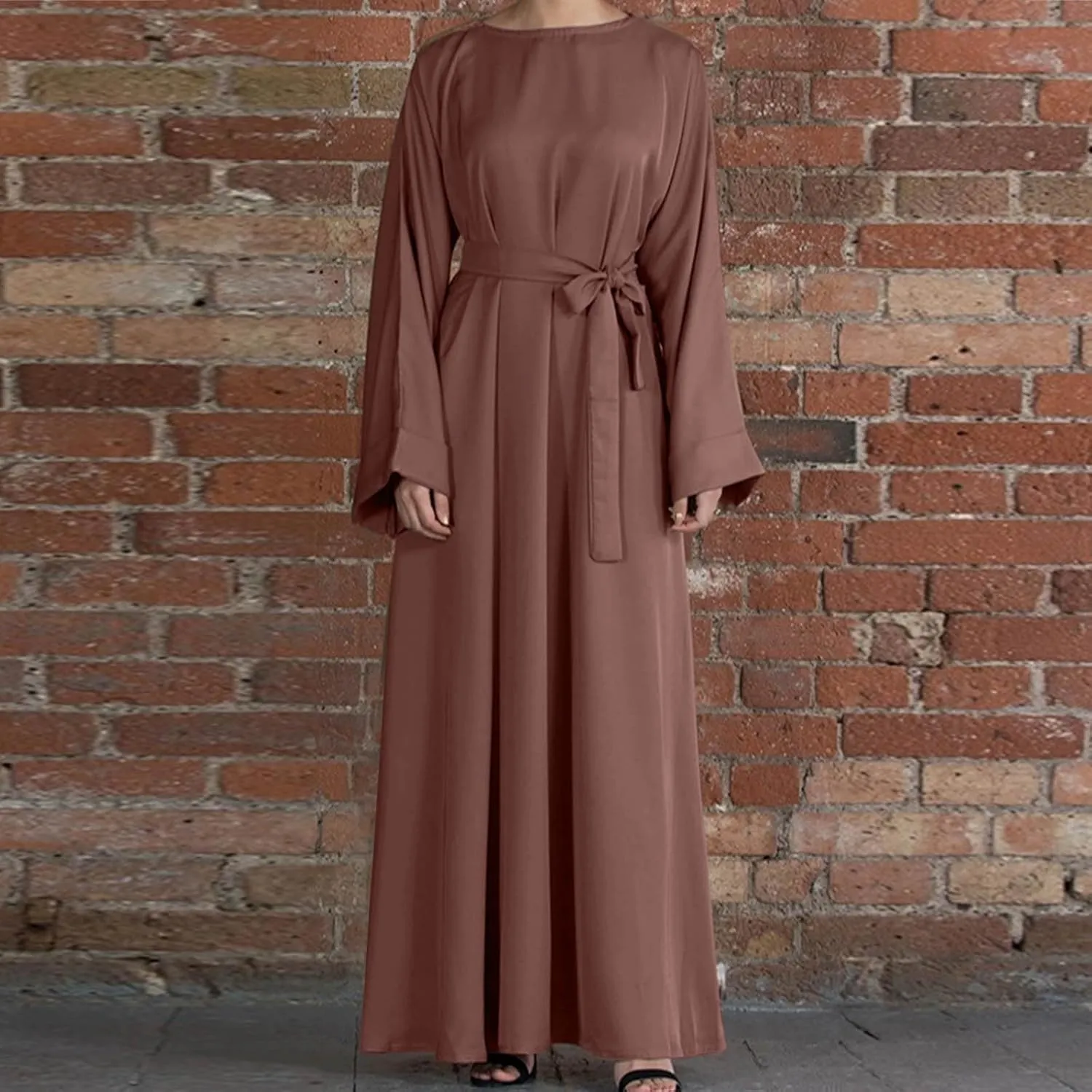 Casual Dresses for Women Plus Size Long Sleeve Tie Waist Pleated Maxi Dress Oversized Solid Crewneck Loose Dresses