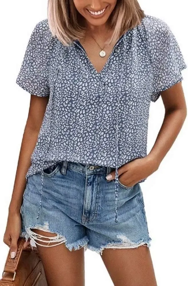 CERYIWER Women's Short Sleeve Casual Shirts Boho Floral Print V Neck Tops Loose Blouses