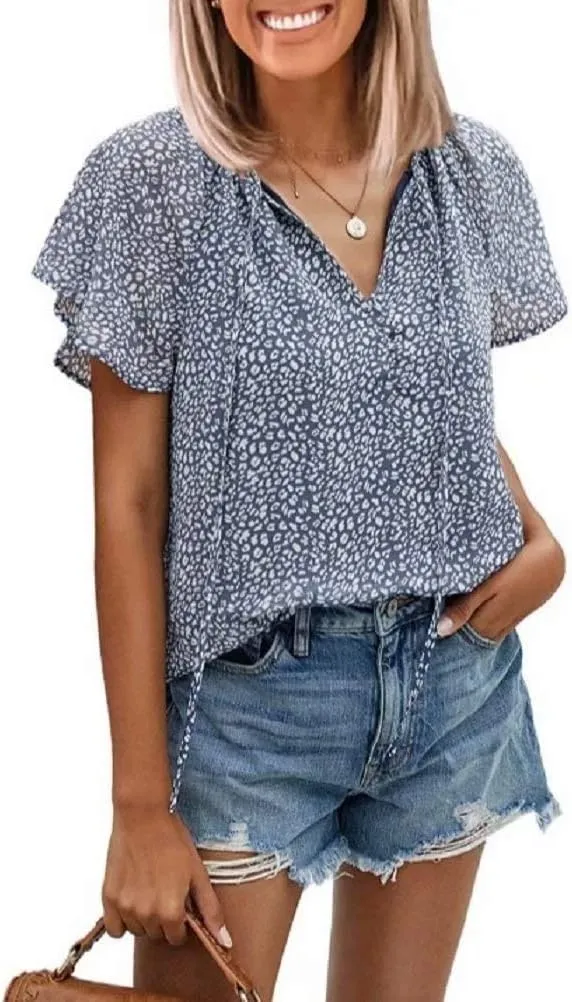 CERYIWER Women's Short Sleeve Casual Shirts Boho Floral Print V Neck Tops Loose Blouses