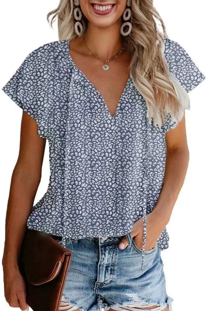 CERYIWER Women's Short Sleeve Casual Shirts Boho Floral Print V Neck Tops Loose Blouses