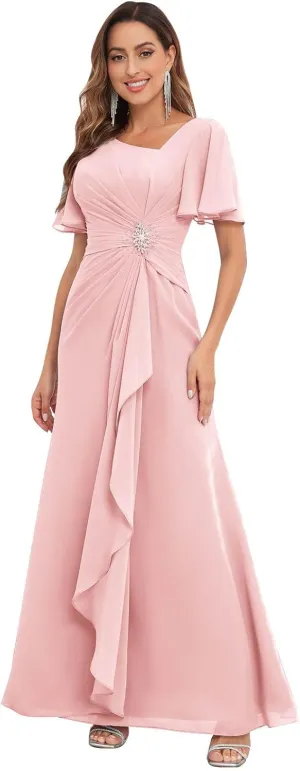 Chiffon Mother of The Bride Dresses with Sleeves V Neck Ruffles Beaded A Line Long Formal Wedding Guest Dress