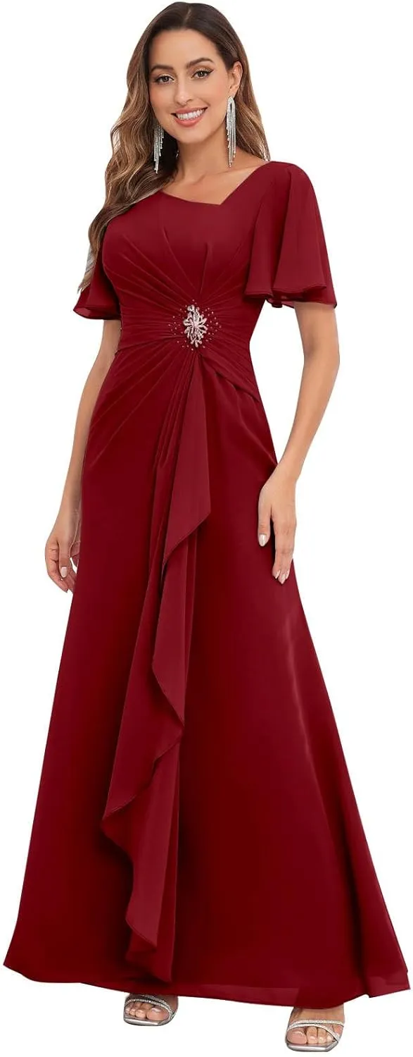 Chiffon Mother of The Bride Dresses with Sleeves V Neck Ruffles Beaded A Line Long Formal Wedding Guest Dress