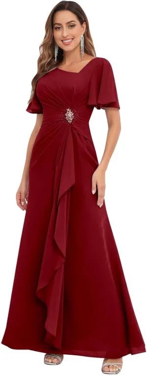 Chiffon Mother of The Bride Dresses with Sleeves V Neck Ruffles Beaded A Line Long Formal Wedding Guest Dress