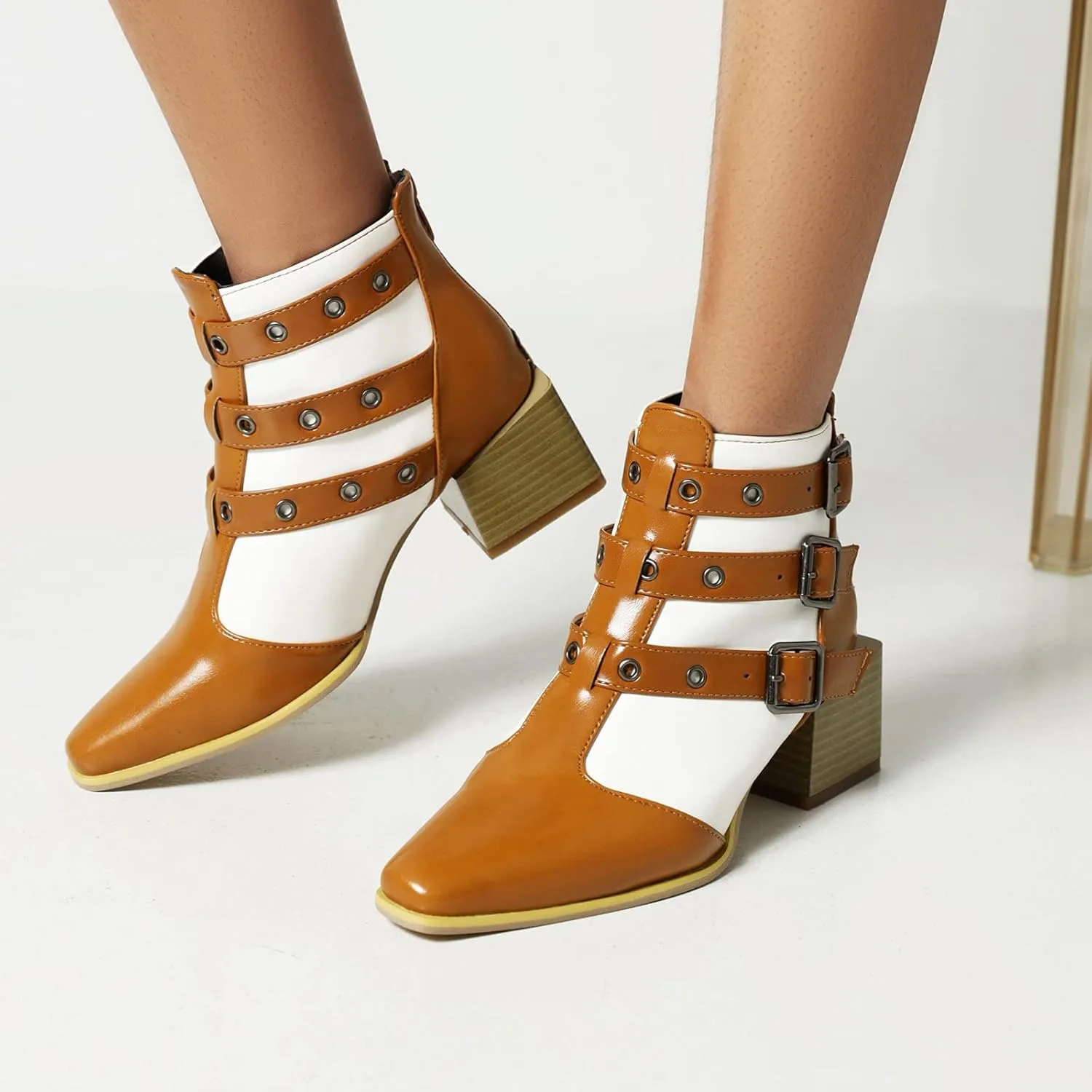 Colorblock Ankle Boots for Women - Fashion Pointed Toe Three Buckles Strap Back Zipper Chunky Mid Heel Motorcycle Boots Casual Ladies Shoes
