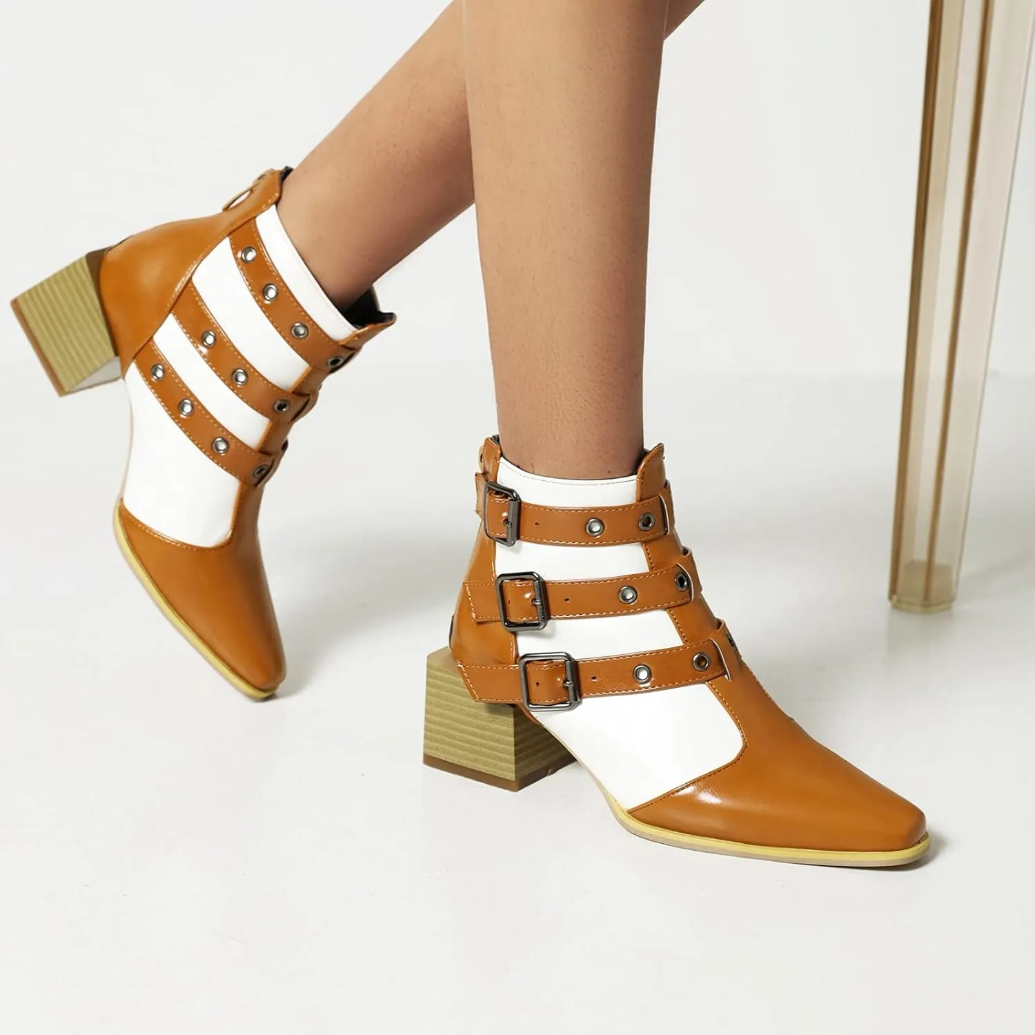 Colorblock Ankle Boots for Women - Fashion Pointed Toe Three Buckles Strap Back Zipper Chunky Mid Heel Motorcycle Boots Casual Ladies Shoes