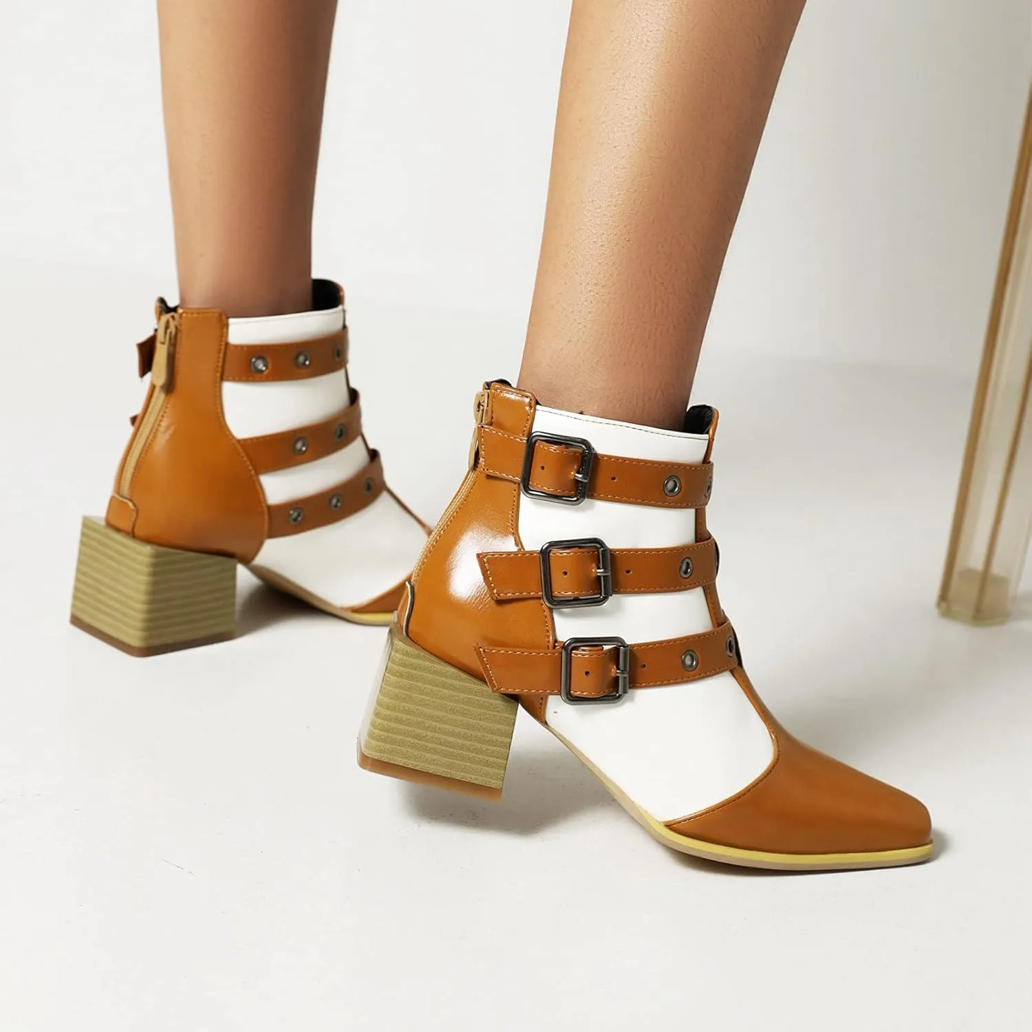Colorblock Ankle Boots for Women - Fashion Pointed Toe Three Buckles Strap Back Zipper Chunky Mid Heel Motorcycle Boots Casual Ladies Shoes