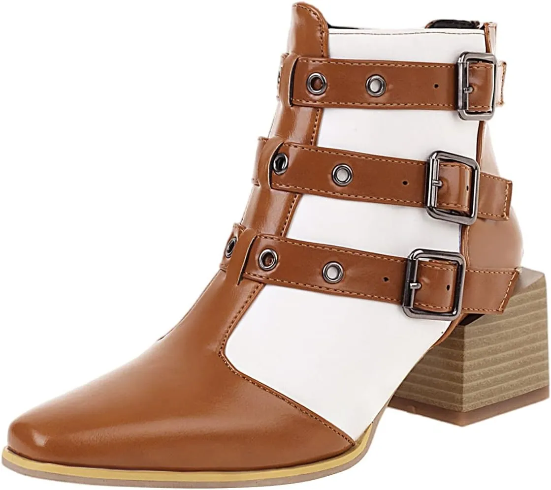 Colorblock Ankle Boots for Women - Fashion Pointed Toe Three Buckles Strap Back Zipper Chunky Mid Heel Motorcycle Boots Casual Ladies Shoes