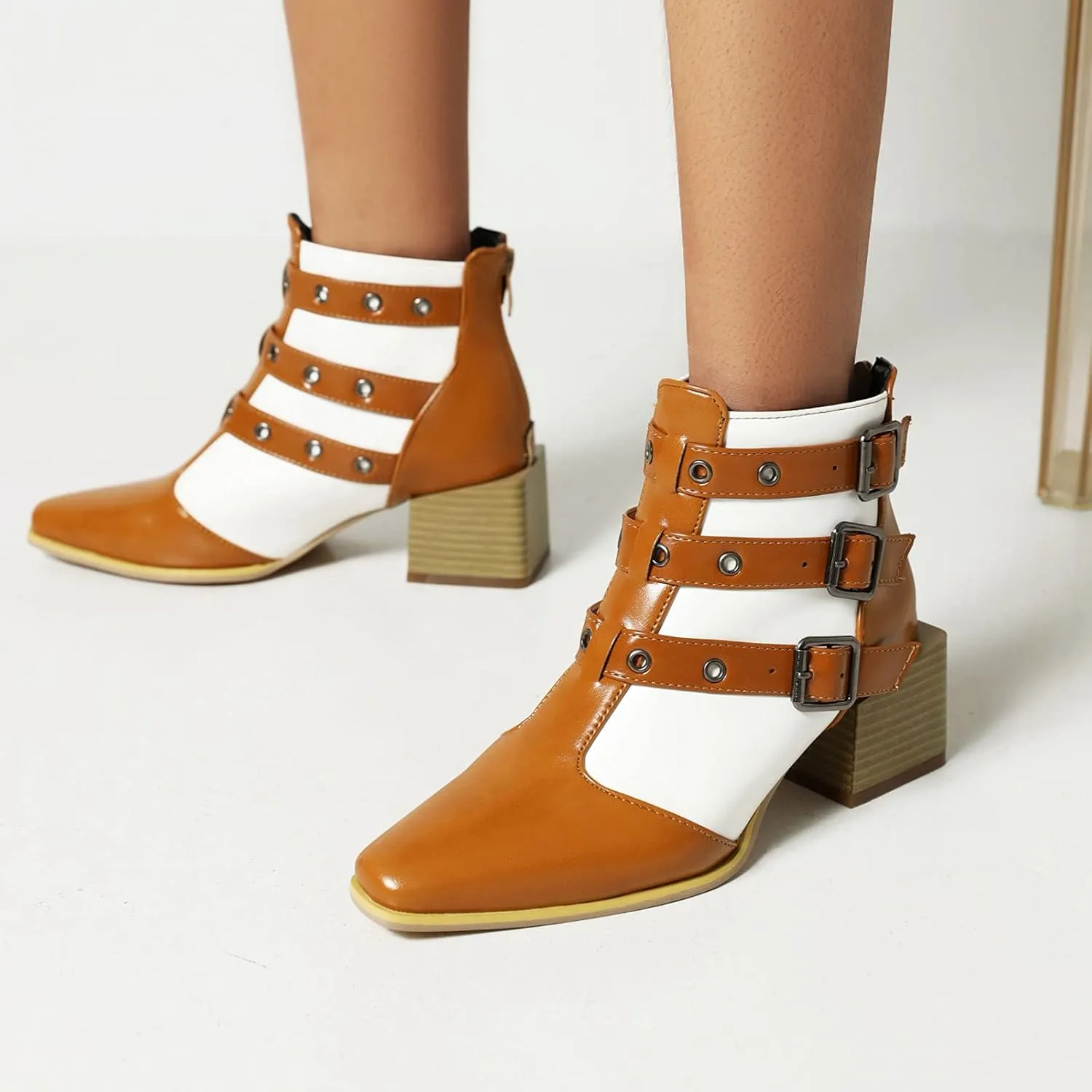 Colorblock Ankle Boots for Women - Fashion Pointed Toe Three Buckles Strap Back Zipper Chunky Mid Heel Motorcycle Boots Casual Ladies Shoes