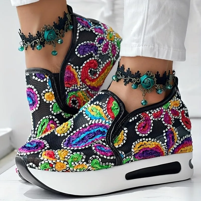 Colorful Flower Embroidered Wedge Sneakers, Women's Slip On Platform Mesh Shoes, Breathable Daily Footwear