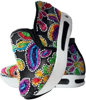 Colorful Flower Embroidered Wedge Sneakers, Women's Slip On Platform Mesh Shoes, Breathable Daily Footwear