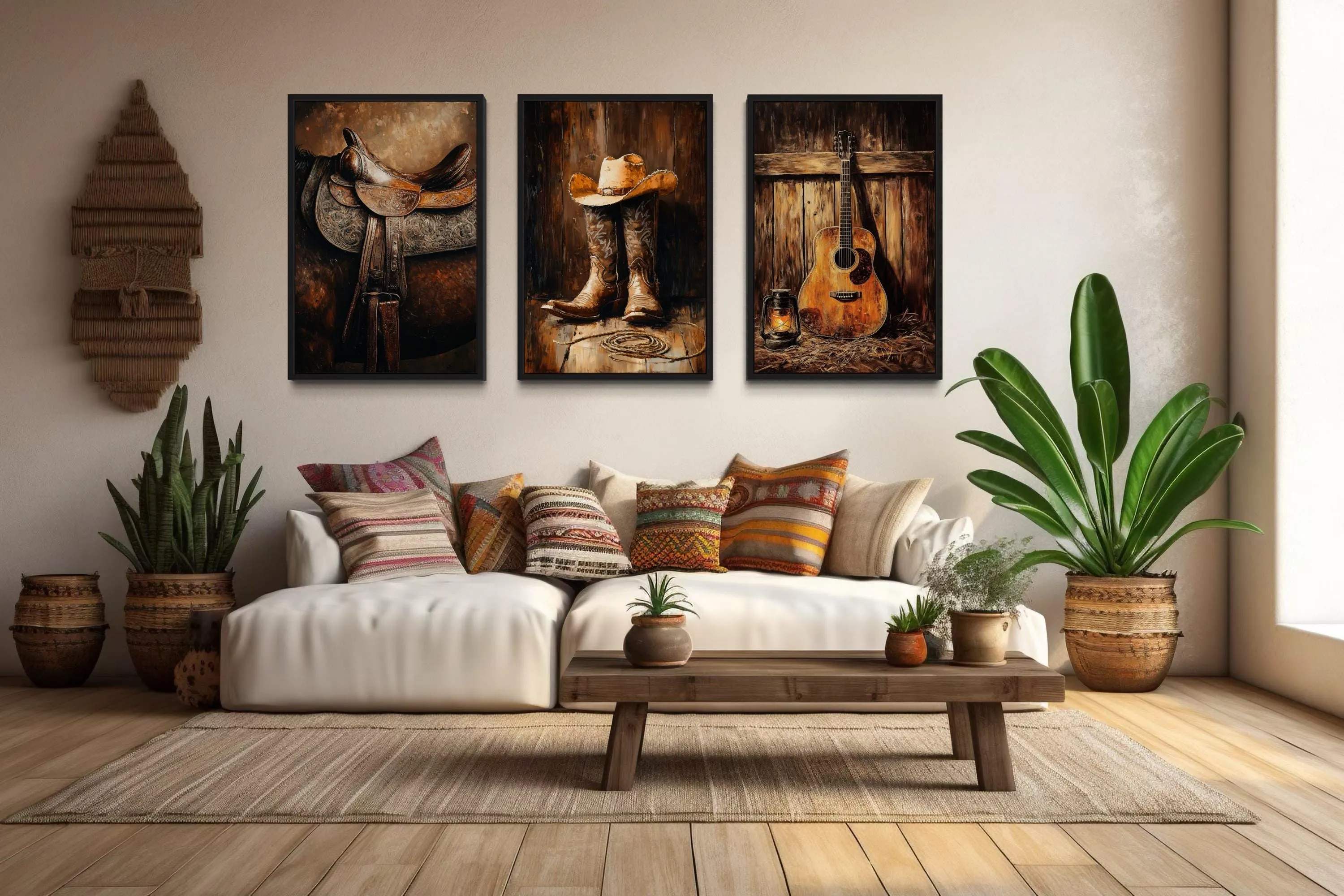 Cowboy Wall Decor - Horse Saddle, Boots And Hat And Country Guitar Set of 3 Western Wall Art