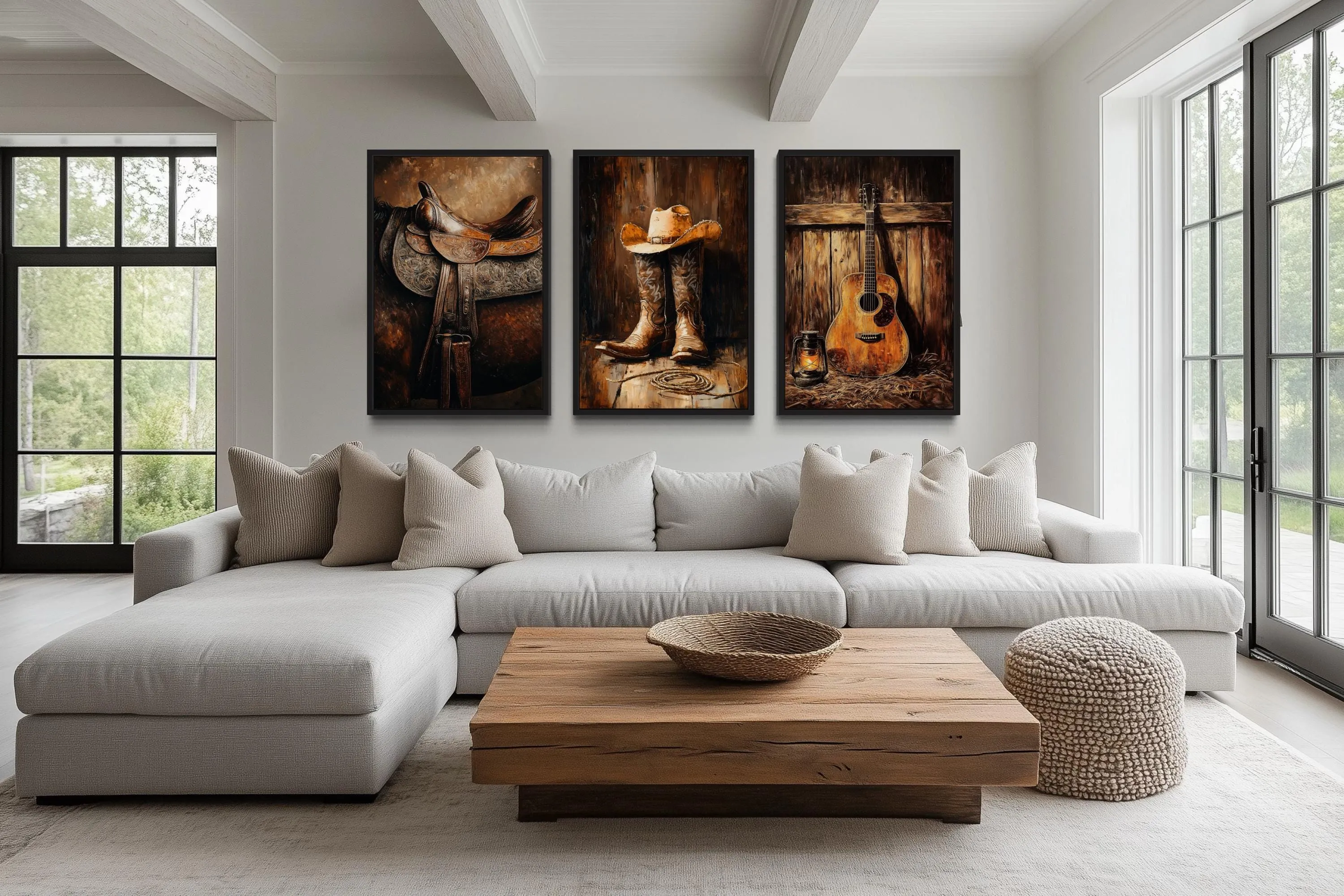 Cowboy Wall Decor - Horse Saddle, Boots And Hat And Country Guitar Set of 3 Western Wall Art