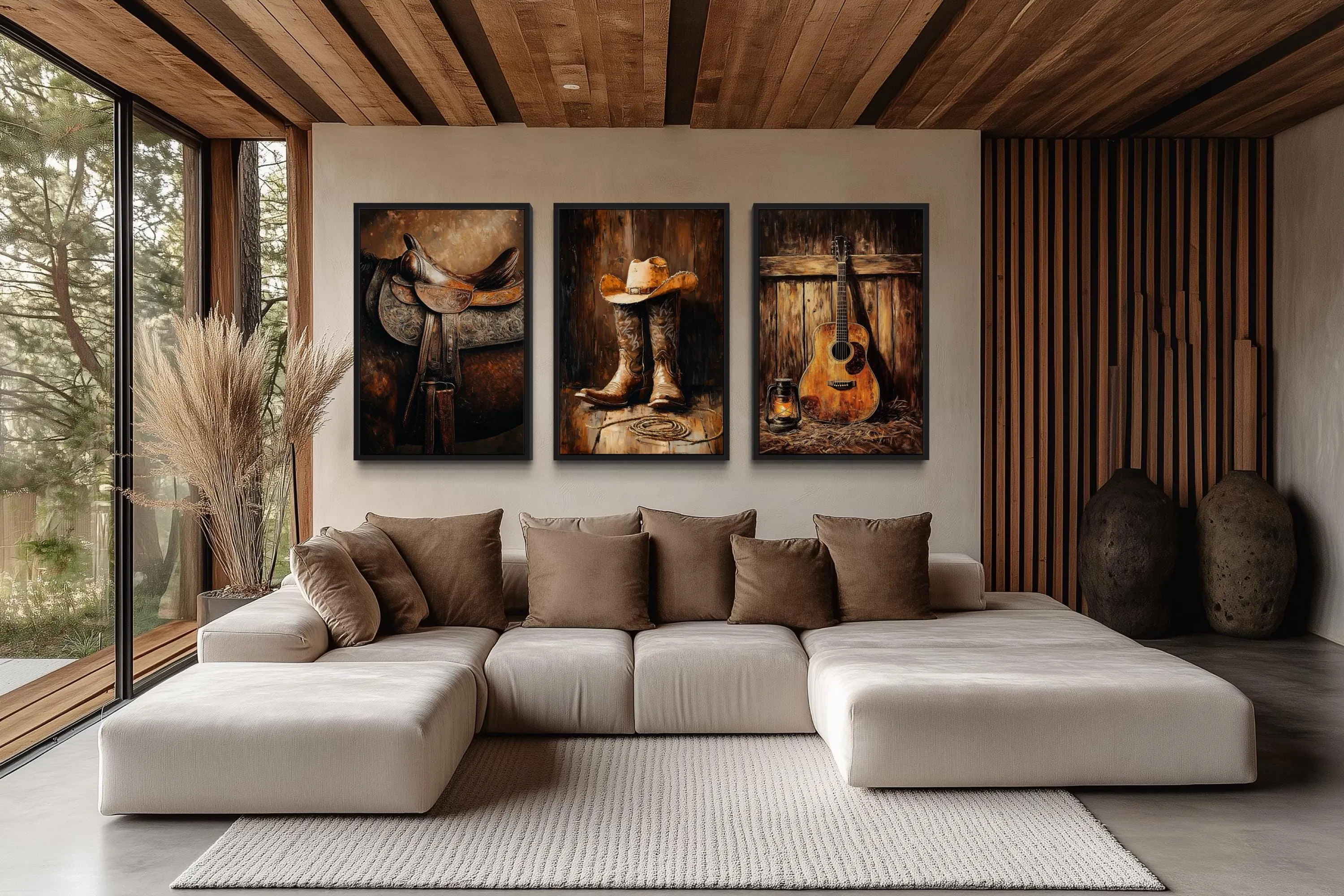 Cowboy Wall Decor - Horse Saddle, Boots And Hat And Country Guitar Set of 3 Western Wall Art