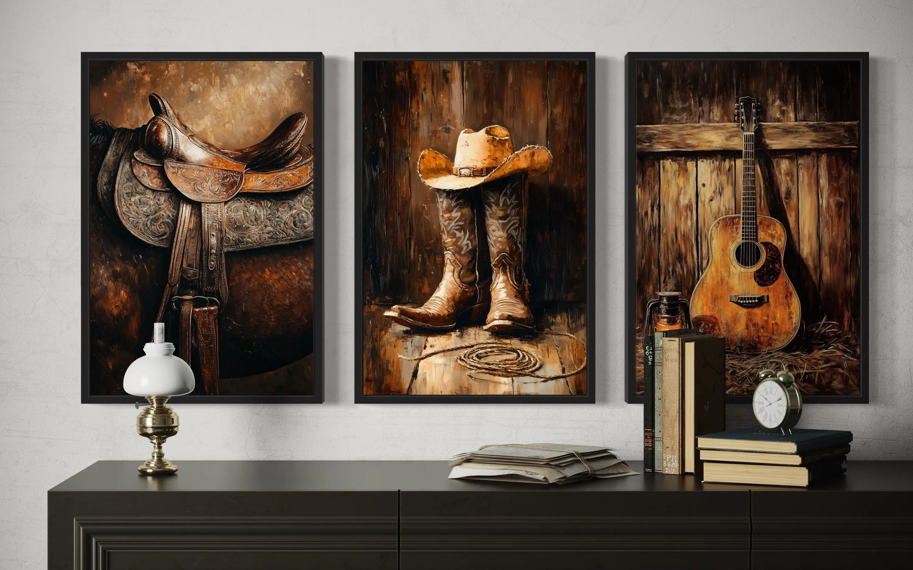 Cowboy Wall Decor - Horse Saddle, Boots And Hat And Country Guitar Set of 3 Western Wall Art