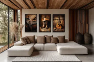 Cowboy Wall Decor - Horse Saddle, Boots And Hat And Country Guitar Set of 3 Western Wall Art