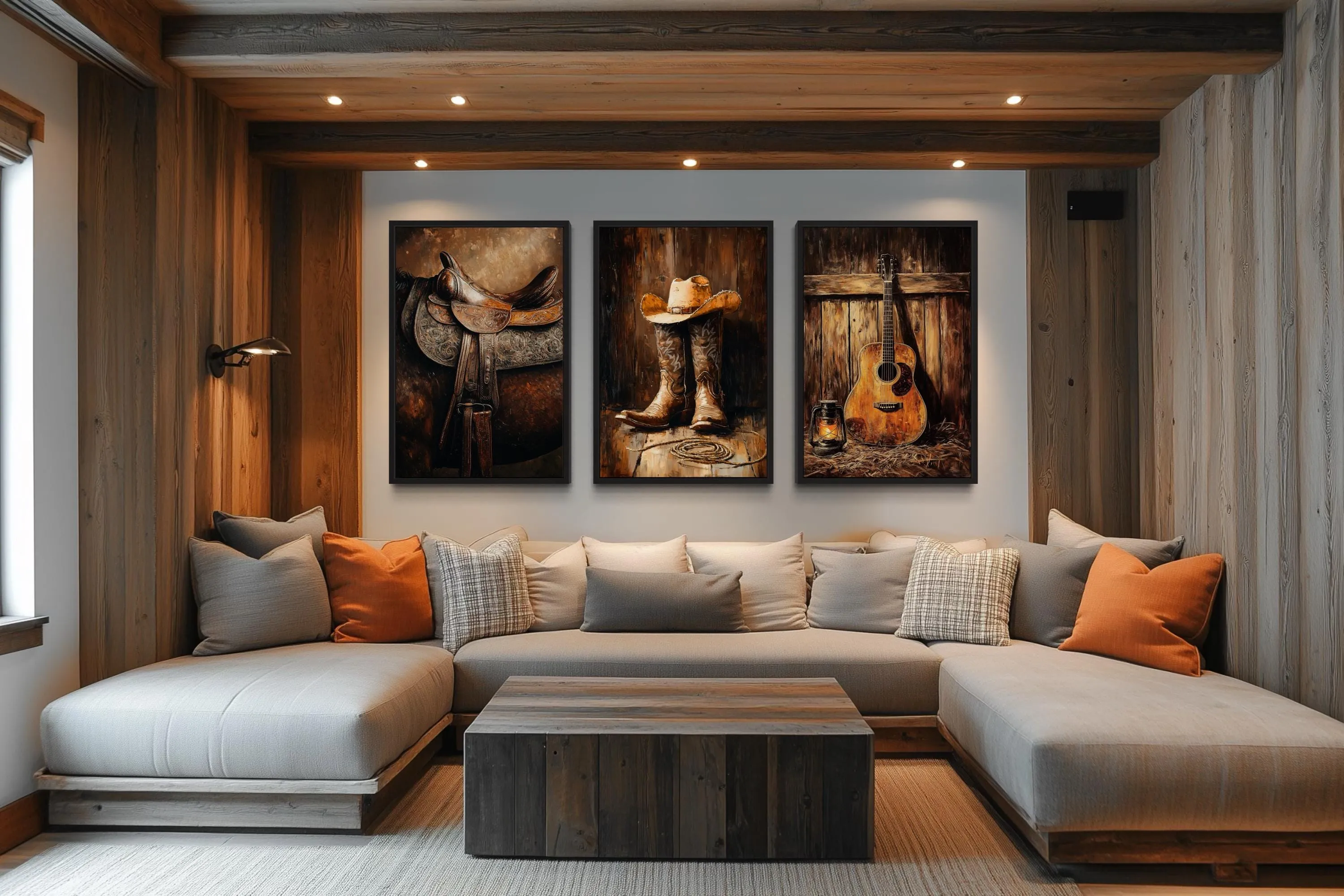 Cowboy Wall Decor - Horse Saddle, Boots And Hat And Country Guitar Set of 3 Western Wall Art