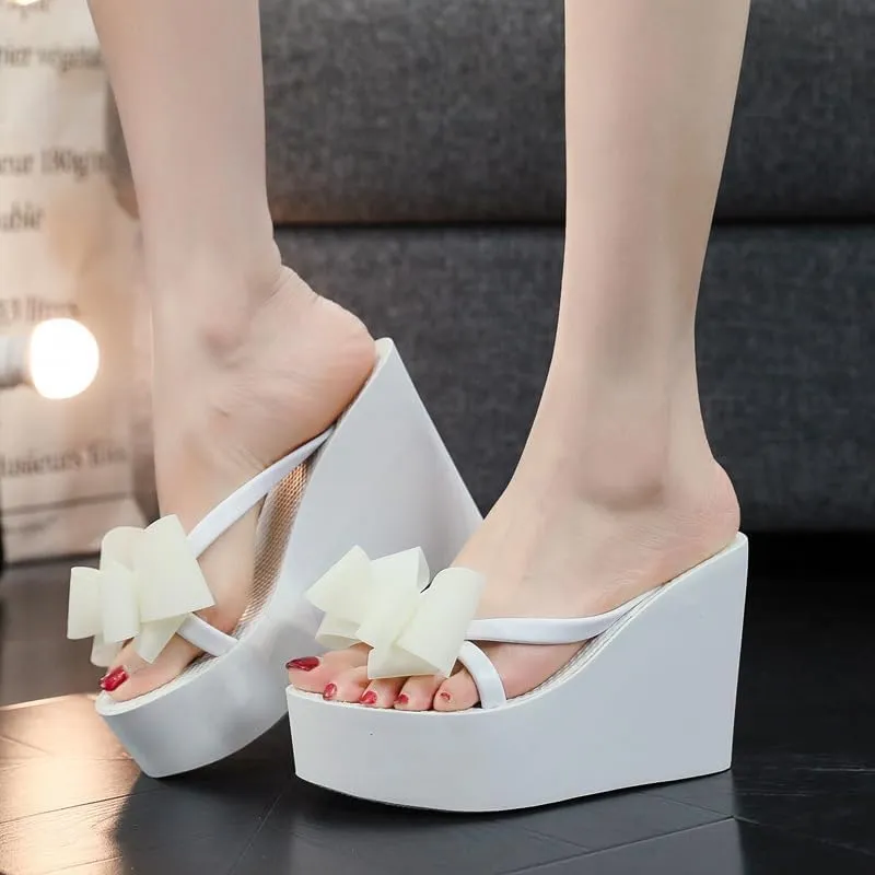 Cute Sandals with Bow 4.33" Heel Height Platform for Women, Womens Flip Flop Slip on Platform Sandals, Women's Beach Sandals
