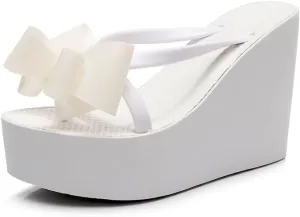 Cute Sandals with Bow 4.33" Heel Height Platform for Women, Womens Flip Flop Slip on Platform Sandals, Women's Beach Sandals