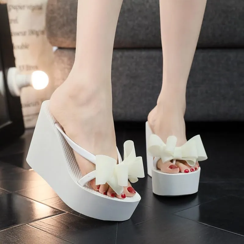 Cute Sandals with Bow 4.33" Heel Height Platform for Women, Womens Flip Flop Slip on Platform Sandals, Women's Beach Sandals