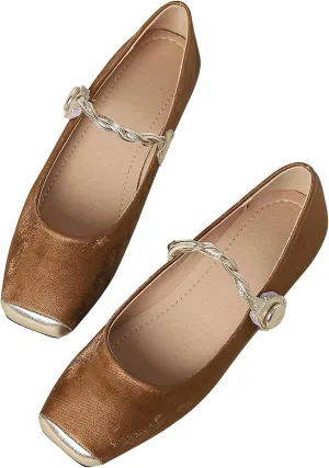 Dear Time Women's Flower Ballets Square Toe Flats Mary Jane Shoes Easy Buckle Strap Flat Dress Shoes