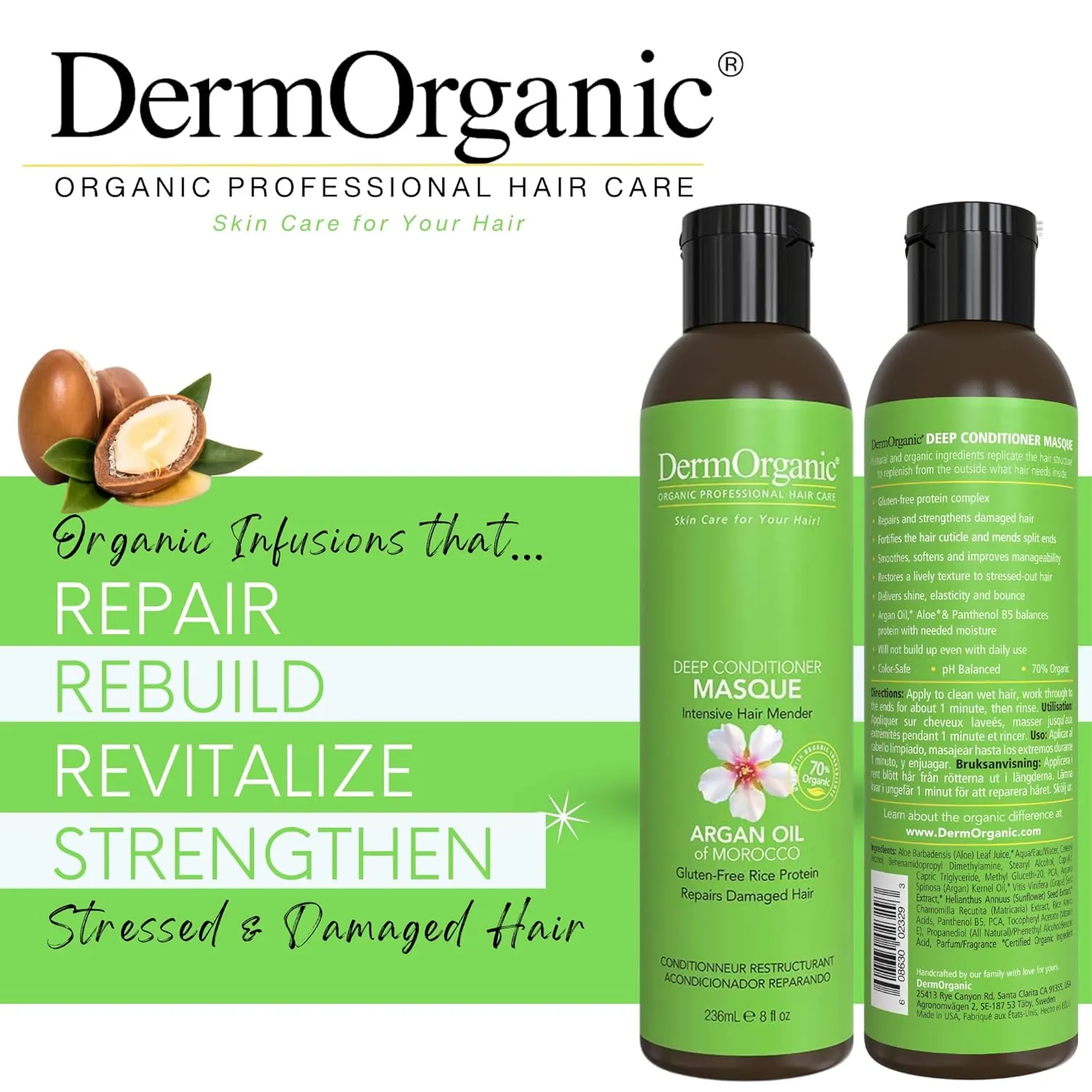 DermOrganic Hair Repair Masque - Deep Conditioner Vegan Protein Reconstructor Rebuilds Damaged Hair with Organic Argan Oil – 8 oz