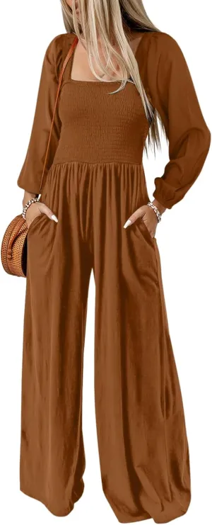 Dokotoo Women's Casual Loose Overalls Jumpsuits One Piece Long Sleeve Wide Leg Long Pant Rompers With Pockets